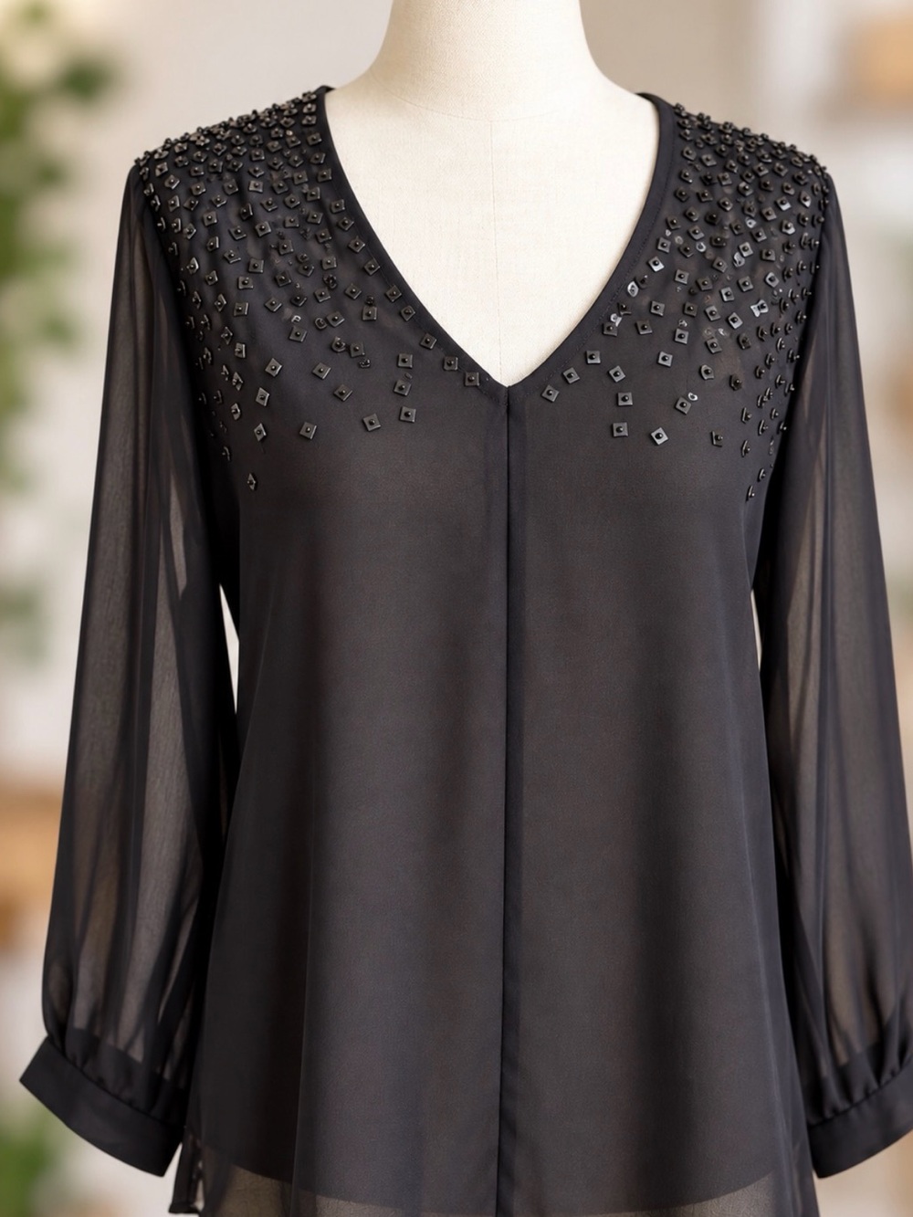 Banana Republic Black Beaded V-Neck Sheer Blouse Petite S/P